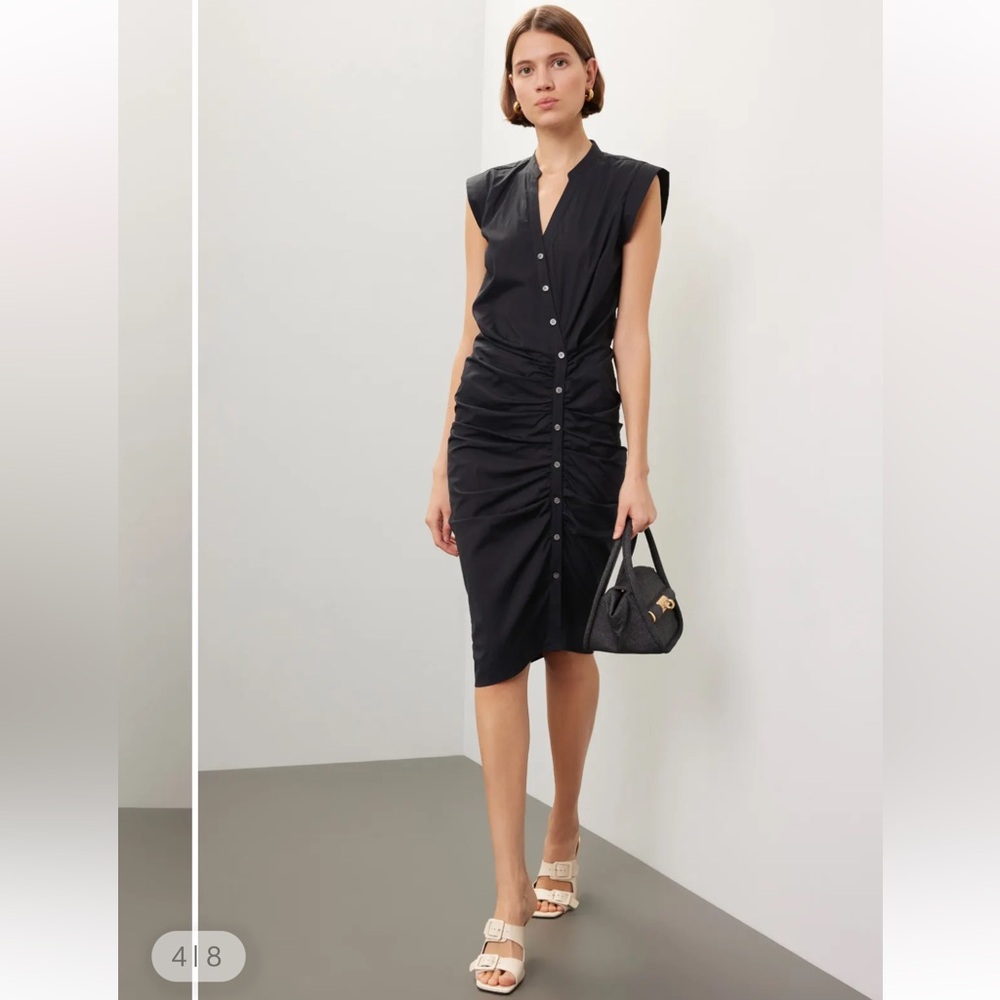 Veronica Beard Black Ruched Assymetric Button Shirtdress